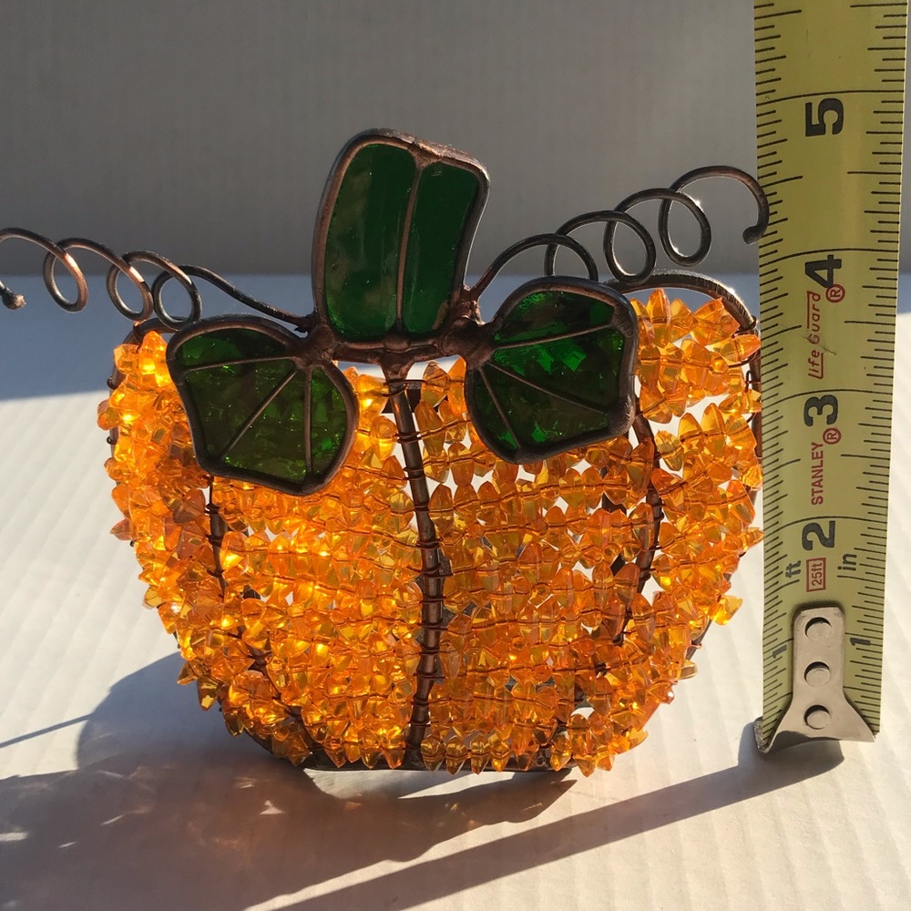Vintage Beaded Pumpkin With Stained Glass Stem Tea Light Candle Holder 5… - Picture 4 of 5